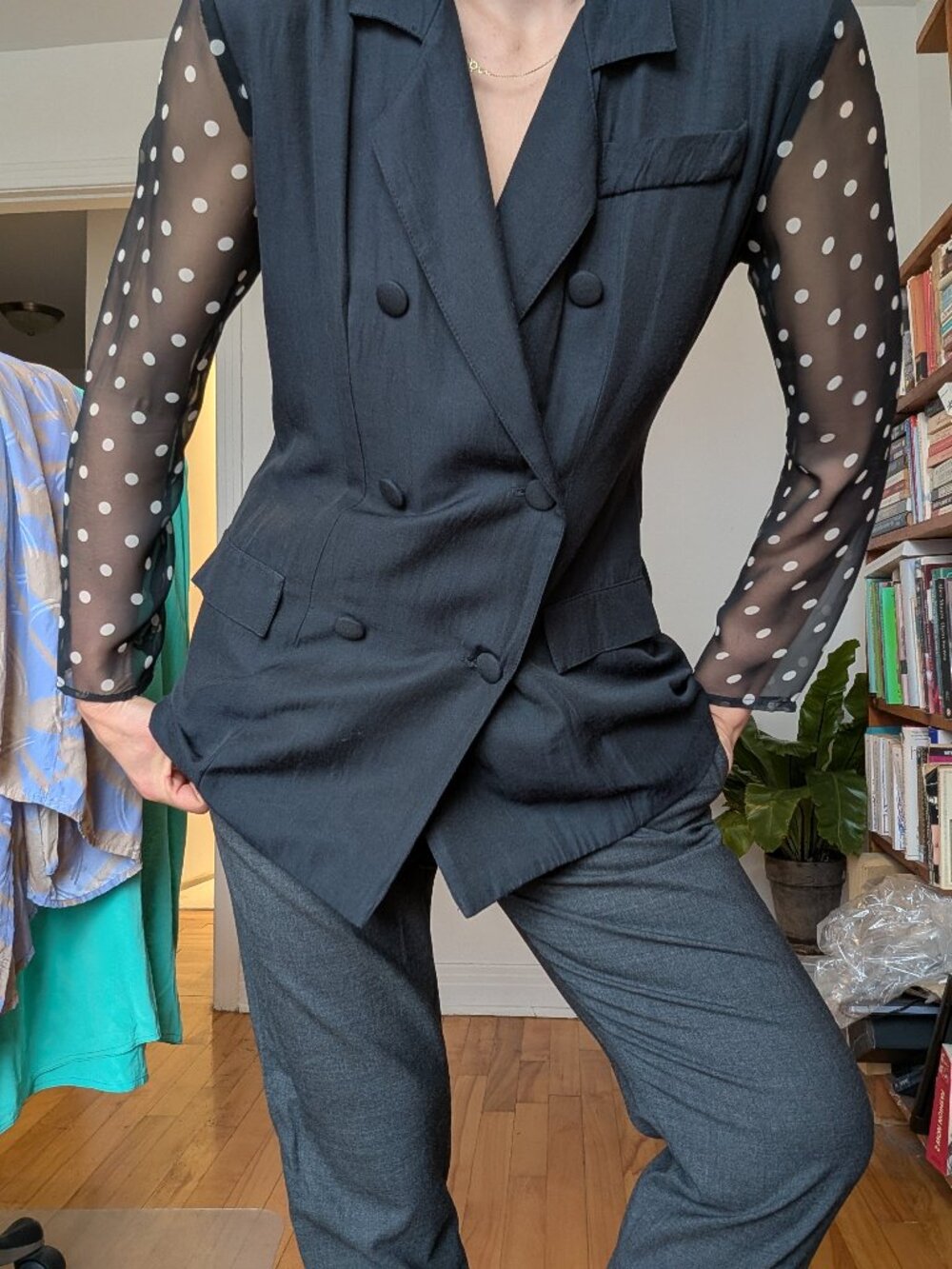 Sheer polka dot sleeve light blazer